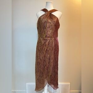 Adrianna Papell Metallic Pleated Halter Midi Dress Bronze Gold Size 10
